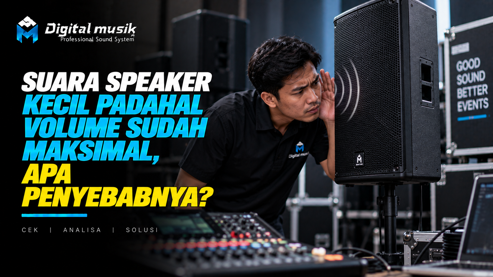 Ilustrasi seseorang sedang mengatur volume speaker yang suaranya kecil.