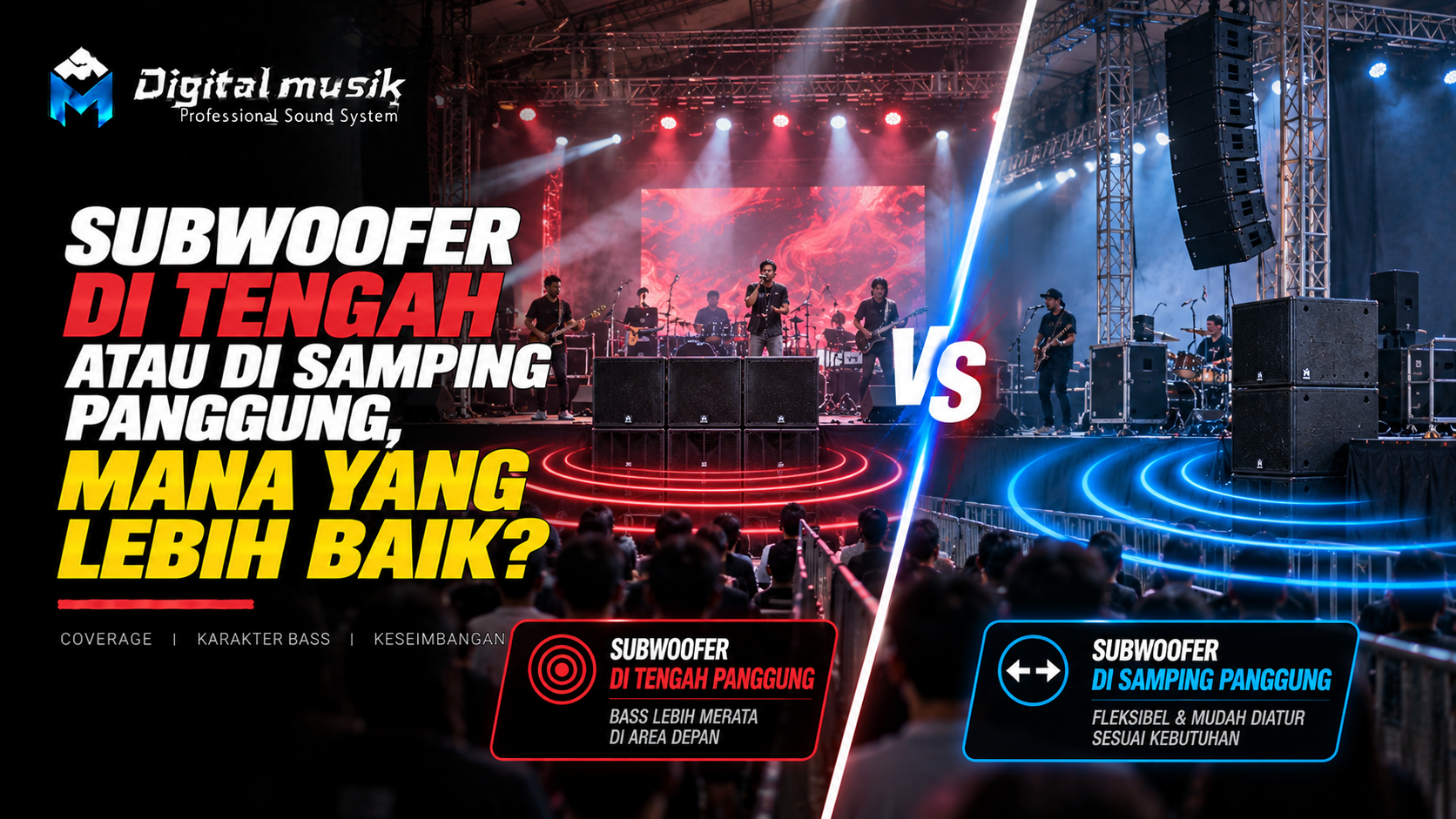 Ilustrasi panggung konser dengan penempatan subwoofer di tengah dan samping.