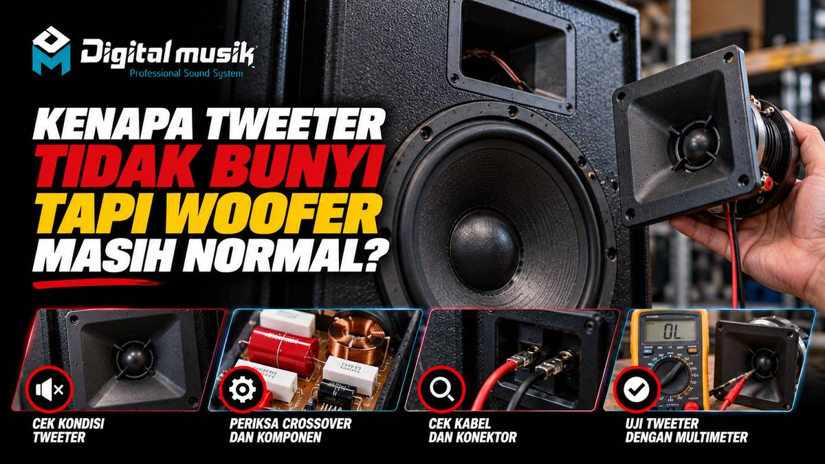 Gambar speaker aktif dengan bagian tweeter yang tidak mengeluarkan suara.