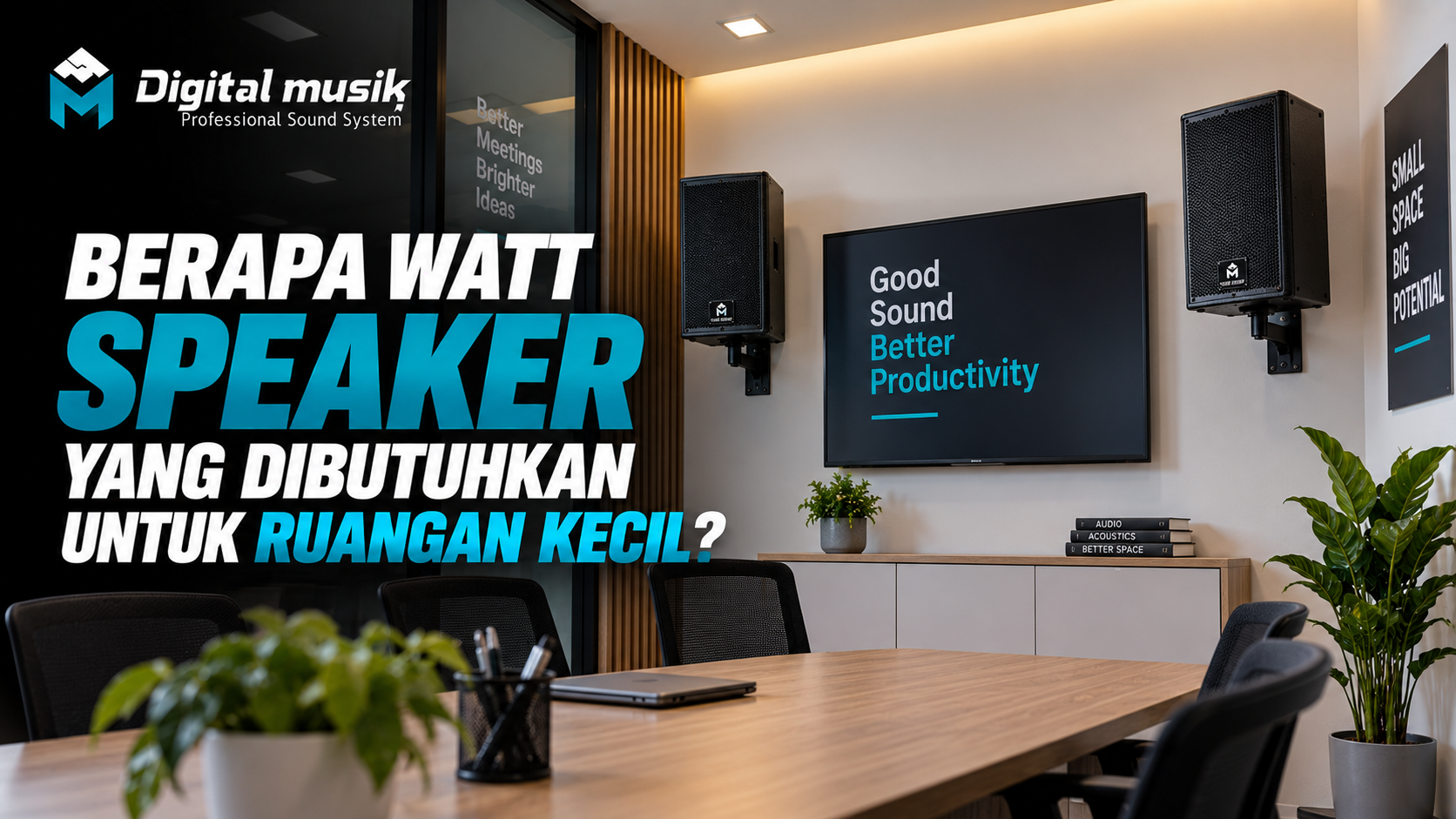 Ilustrasi speaker di dalam ruangan kecil yang tertata rapi